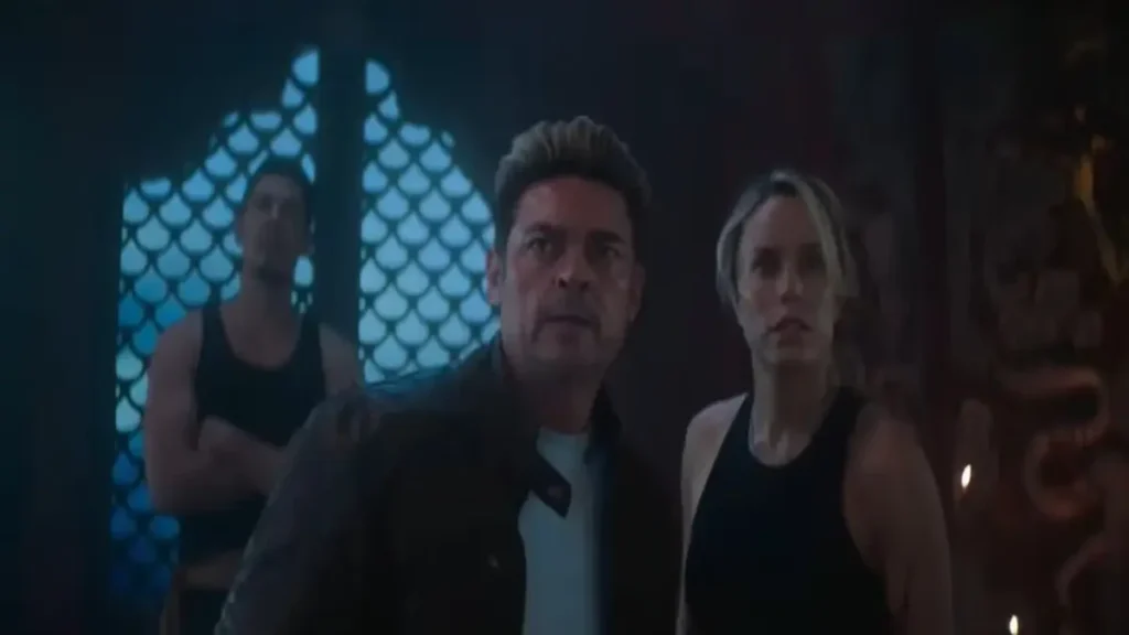 Mortal Kombat 2 movie trailer scene showing fighters in a dark ceremonial chamber