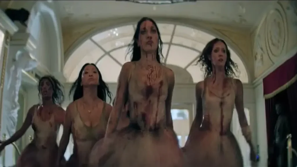 Pretty Lethal trailer scene showing female assassins in blood-stained ballet costumes inside a grand hall