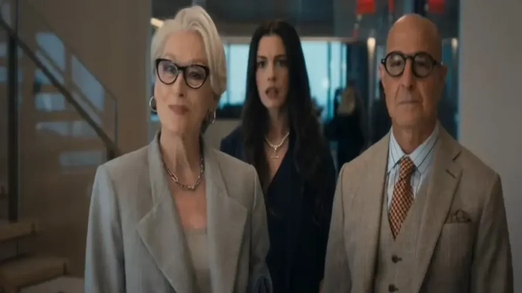 The Devil Wears Prada 2 official trailer featuring Miranda Priestly and key characters in a modern fashion office setting