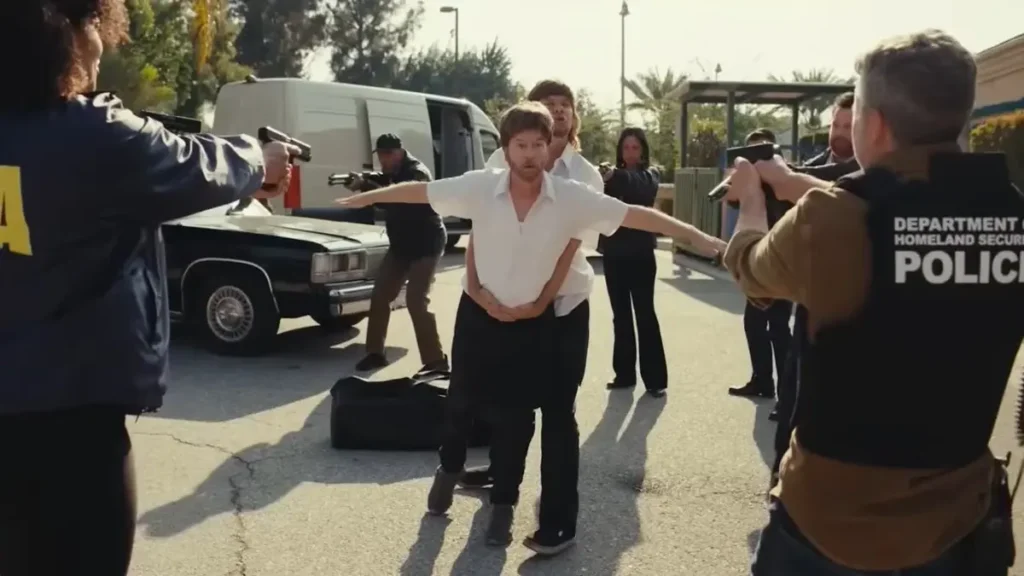 Busboys 2026 trailer scene showing chaotic police standoff around confused restaurant workers