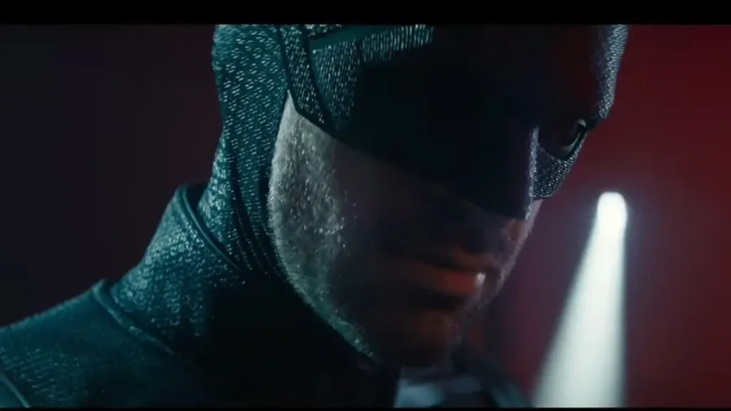 Daredevil in dark suit from Born Again Season 2 trailer close-up intense lighting