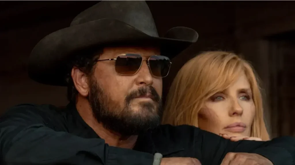 Dutton Ranch teaser scene showing two characters overlooking land in cinematic Western setting