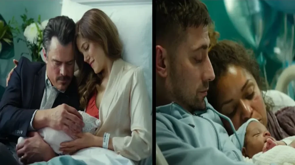 Parents holding a newborn baby in a hospital scene from the Preschool (2026) official trailer.