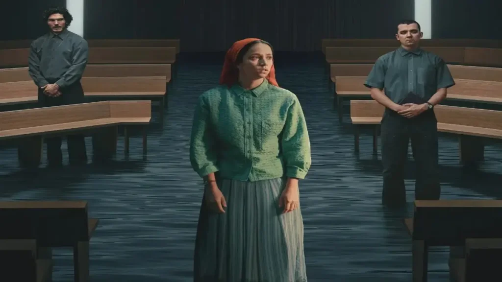 Woman standing in a dim hall with two figures behind her in Netflix Unchosen trailer scene