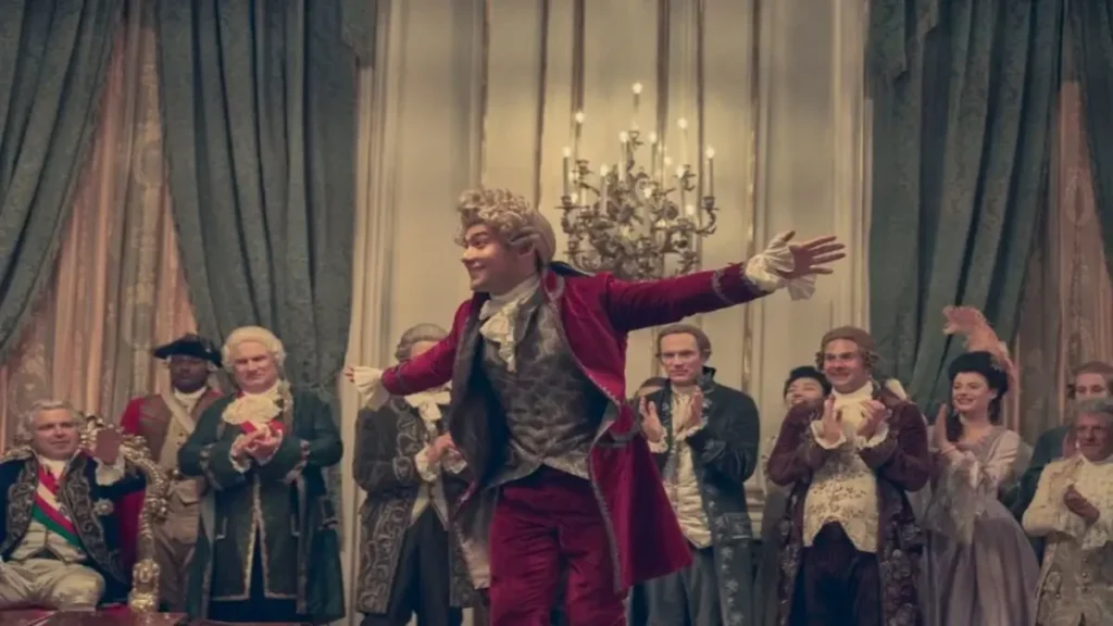 Amadeus 2026 trailer scene showing Mozart performing in a royal court