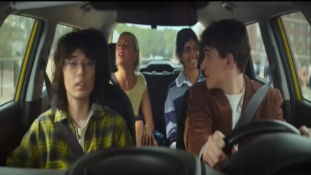 Teenagers inside a car during a driver’s education road trip scene from Driver’s Ed 2026 trailer