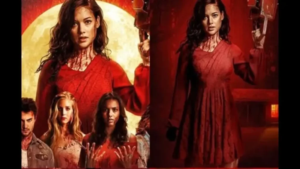 Evil Dead Burn teaser poster showing female protagonist in red dress holding weapon with horror characters below