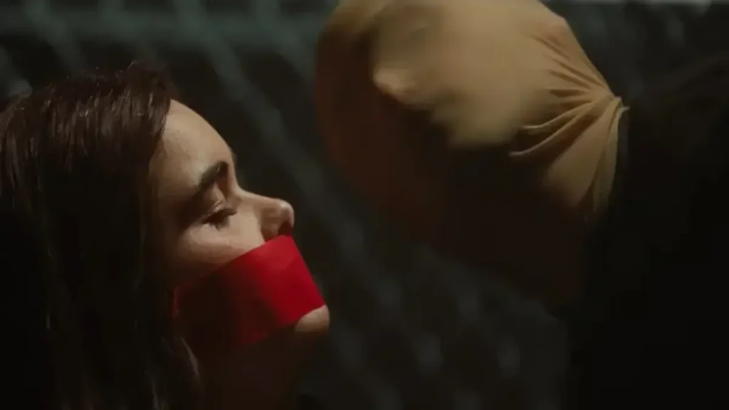 Faces of Death 2026 horror scene with restrained woman in intense psychological moment