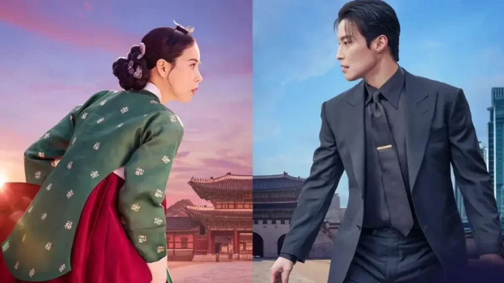 Royal woman in traditional attire facing modern businessman split-screen cinematic scene from My Royal Nemesis Netflix trailer