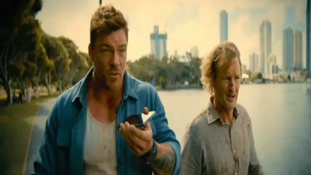 Two men running urgently near a lakeside in Runner 2026 teaser scene