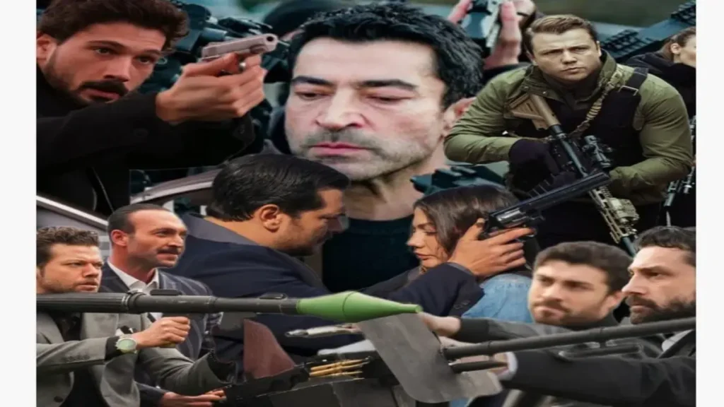 Collage of intense scenes from Turkish TV dramas depicting action, conflict, and emotional tension