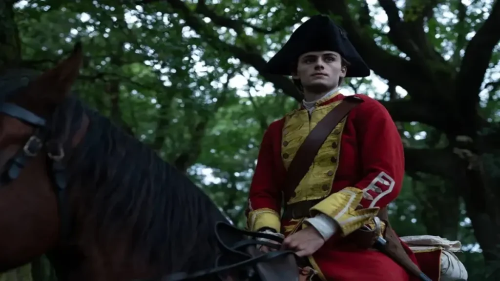 Young George Washington riding horse in Revolutionary War uniform cinematic scene