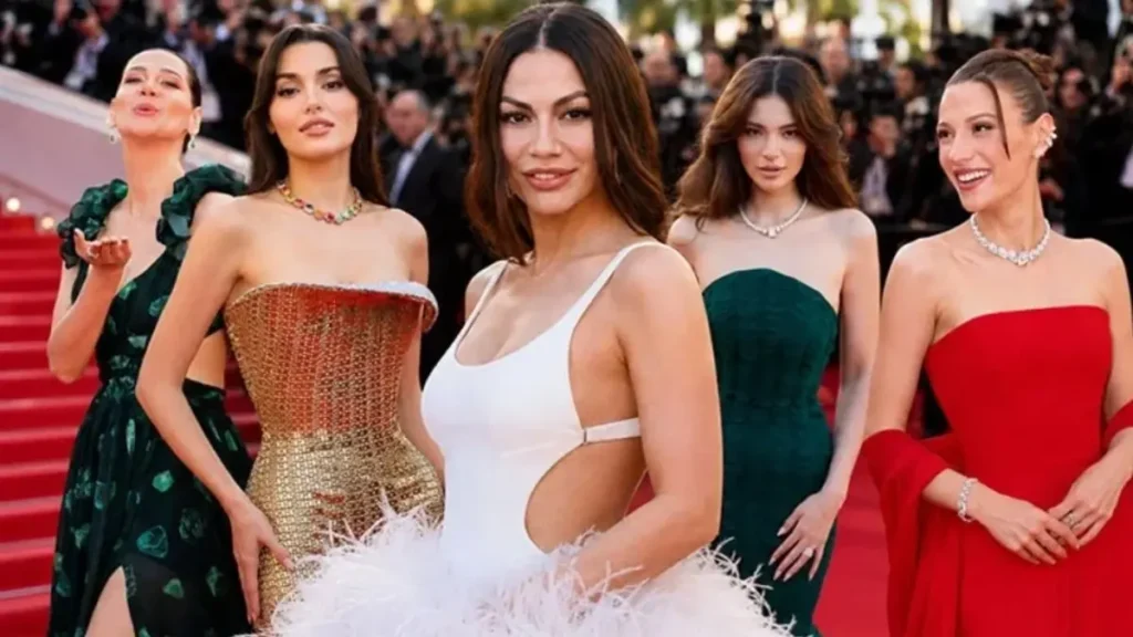 Turkish actresses Demet Özdemir, Hande Erçel, Gülsim Ali, Sümeyye Aydoğan and Melisa Aslı Pamuk at Cannes 2026 red carpet