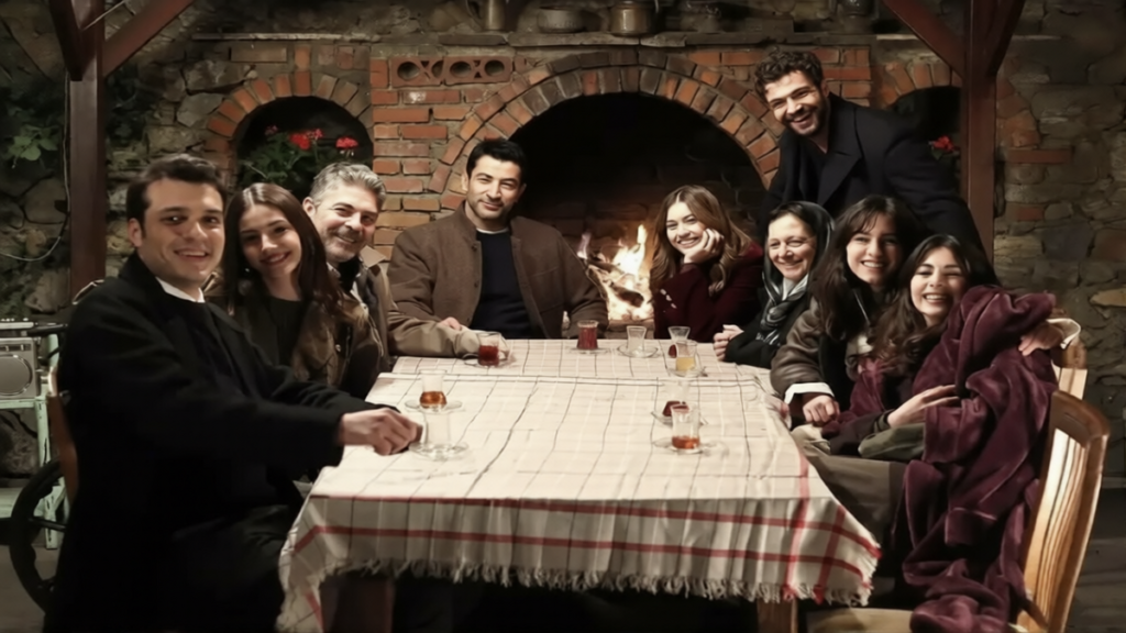 ABİ cast gathered around a fireplace ahead of the emotional season finale episode