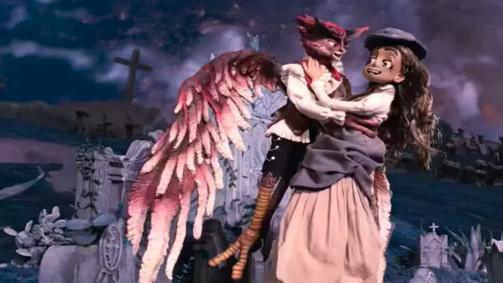 Frankelda holding a winged fantasy creature in Netflix’s gothic stop-motion animated film I Am Frankelda