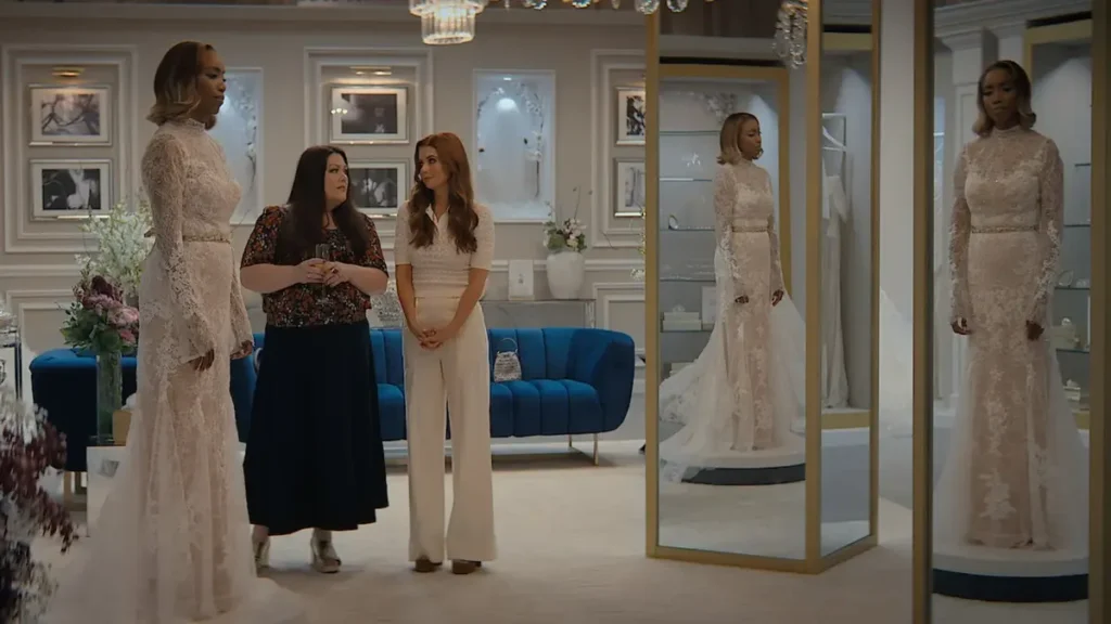 Sweet Magnolias Season 5 cast standing inside a bridal boutique in the official Netflix trailer scene
