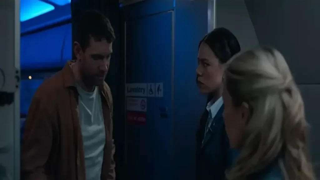 BLACK BOX official trailer scene featuring passengers in a tense aircraft cabin confrontation