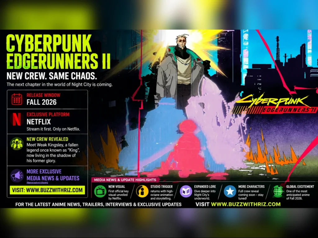 Cyberpunk Edgerunners II first visual featuring Weak Kingsley and the newly revealed Night City crew ahead of the Fall 2026 Netflix premiere.