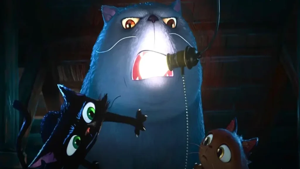 Gatto teaser trailer scene featuring animated cats exploring a mysterious dark room in Disney Pixar's upcoming 2027 movie.