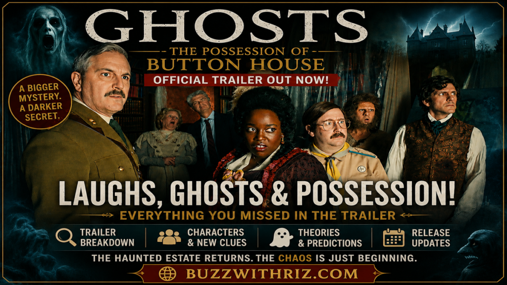 Cast members in Ghosts: The Possession of Button House trailer confronting a supernatural mystery inside Button House.