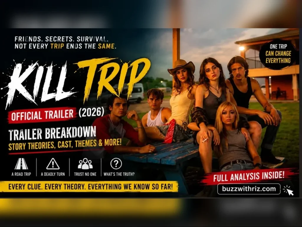Cast of KILL TRIP (2026) gathered during a tense roadside scene in the official trailer