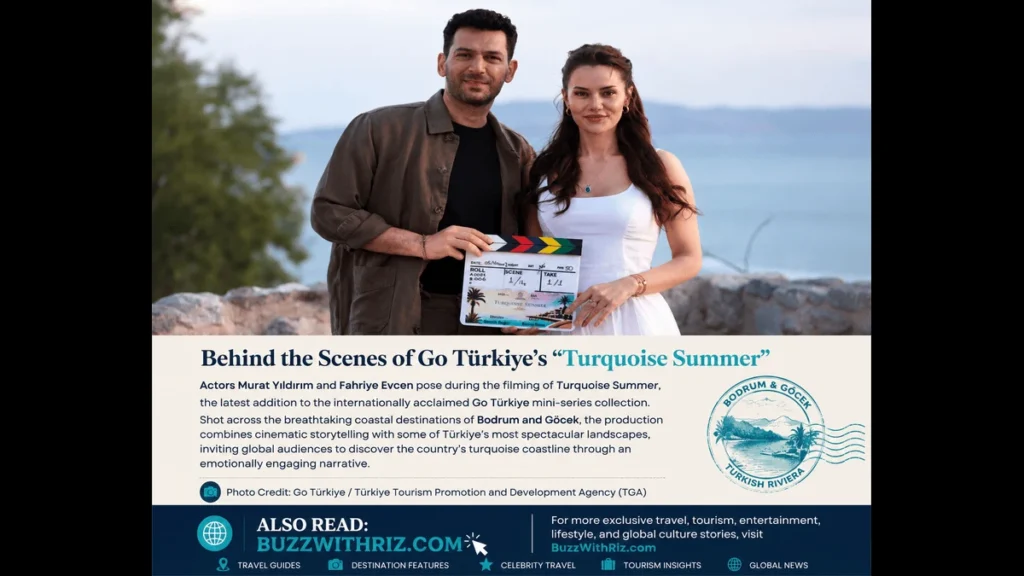 Fahriye Evcen and Murat Yıldırım in Go Türkiye's Turquoise Summer filmed in Bodrum and Göcek along Türkiye's turquoise coast