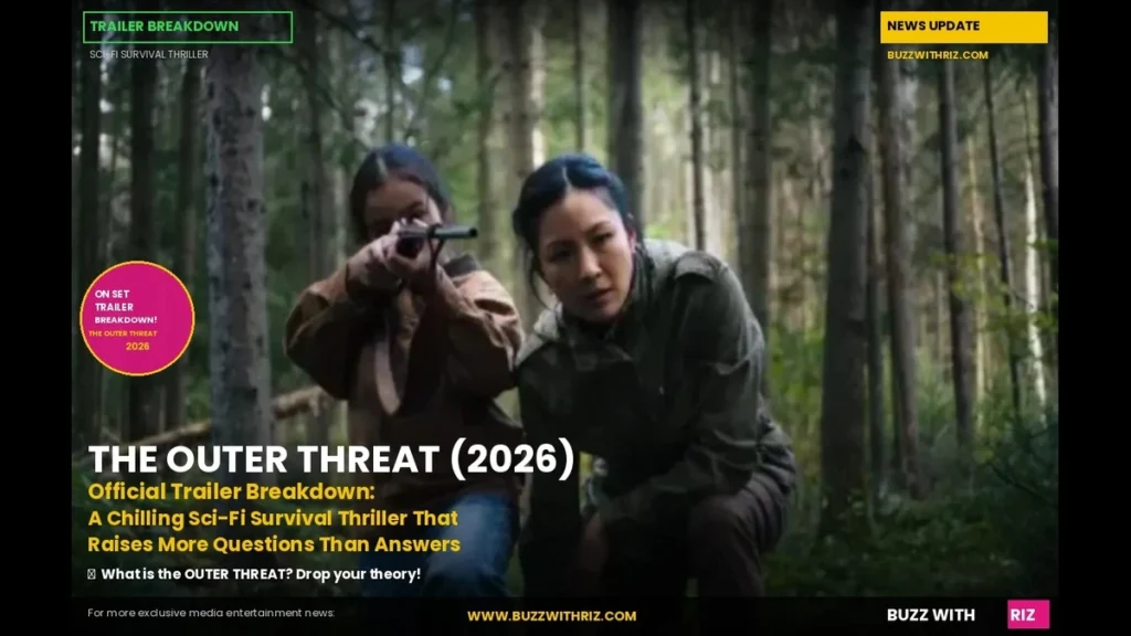 The Outer Threat (2026) trailer scene showing survivors searching a mysterious forest for an unknown extraterrestrial threat.