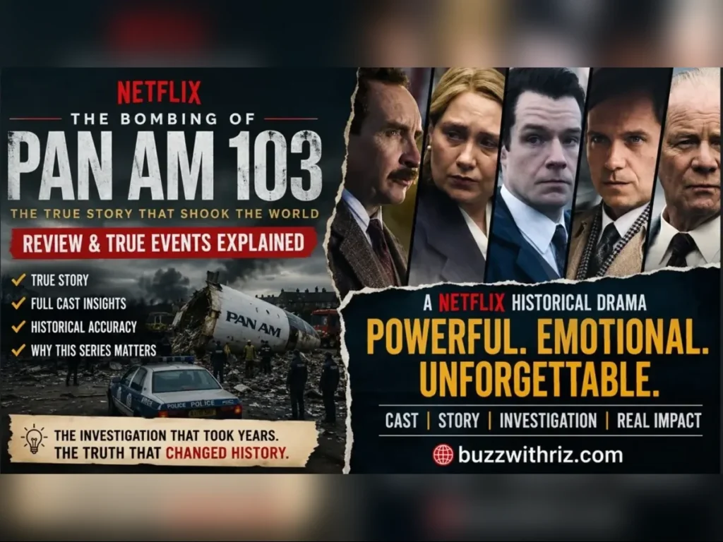 Official promotional poster featuring the main cast of Netflix's The Bombing of Pan Am 103 historical drama series.