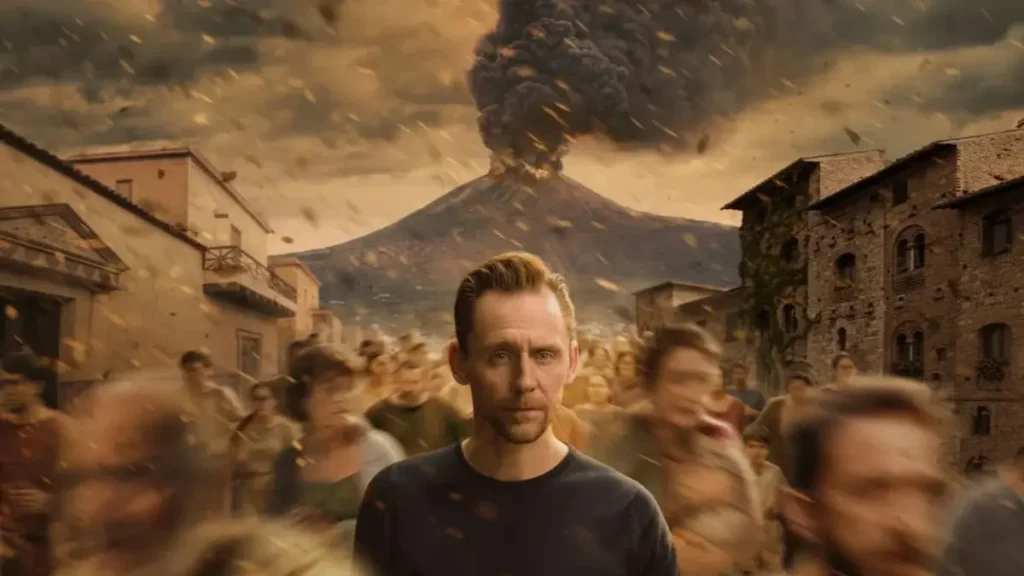 Tom Hiddleston standing in Pompeii as Mount Vesuvius erupts in the National Geographic documentary Pompeii: Out of Time.