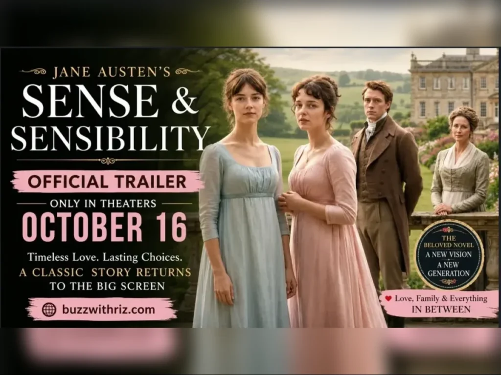 Sense and Sensibility 2026 movie trailer featuring key characters in a Regency-era estate setting