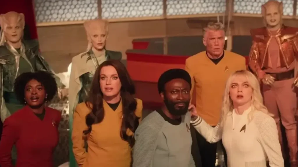 Star Trek Strange New Worlds Season 4 crew reacting to a mysterious event in official trailer