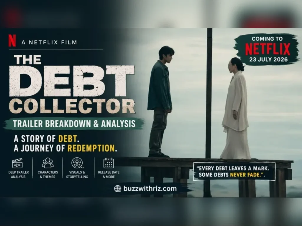 Two characters face each other on a wooden platform in a symbolic scene from Netflix's The Debt Collector (2026) official trailer.
