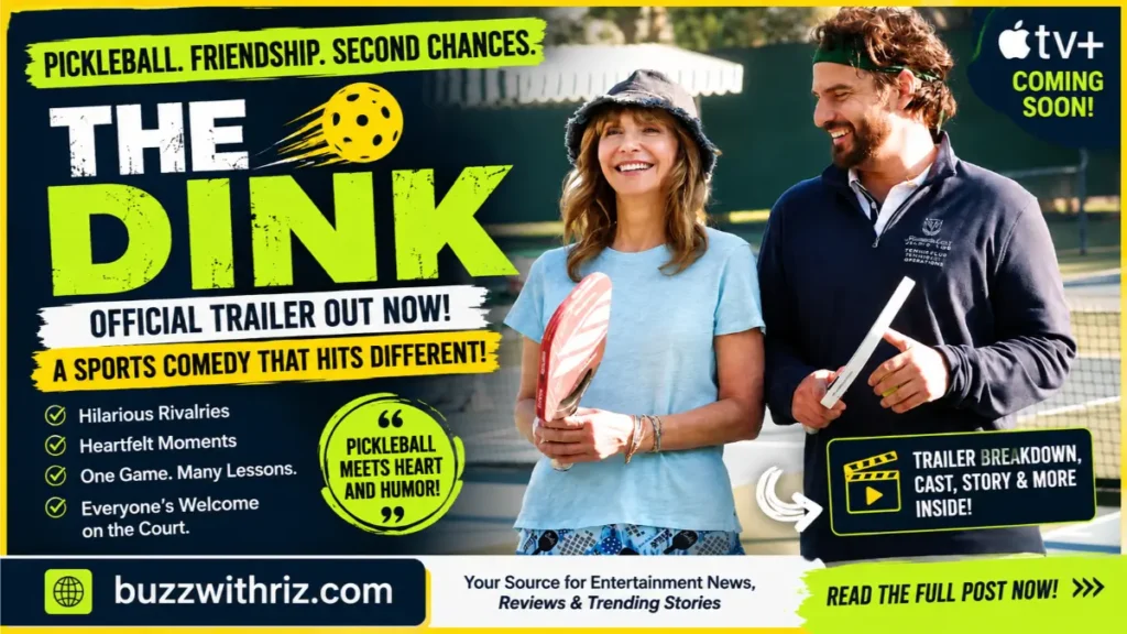 The Dink Apple TV+ trailer scene featuring two pickleball players smiling on a court.