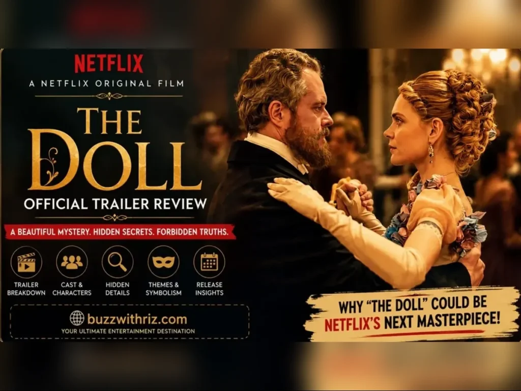 A dramatic ballroom dance scene from Netflix's The Doll official trailer featuring two central characters in elegant period costumes.