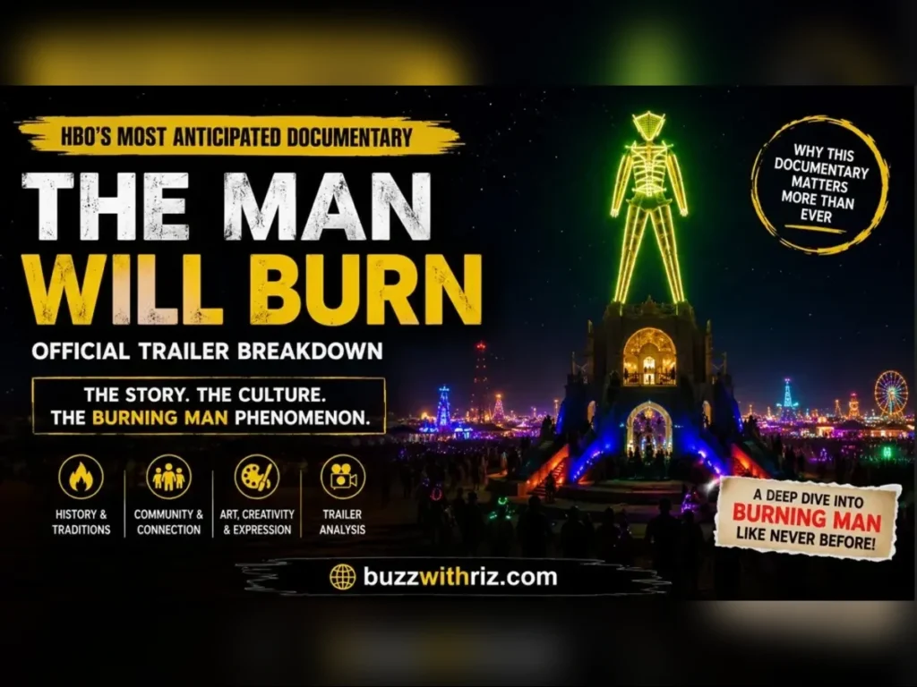 The illuminated Burning Man effigy stands above the festival grounds at night in HBO's The Man Will Burn official trailer.