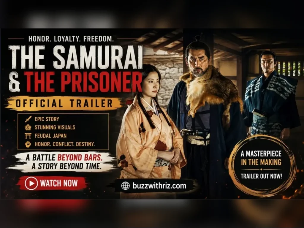 The Samurai and the Prisoner official trailer featuring three characters in traditional samurai-era Japanese clothing.