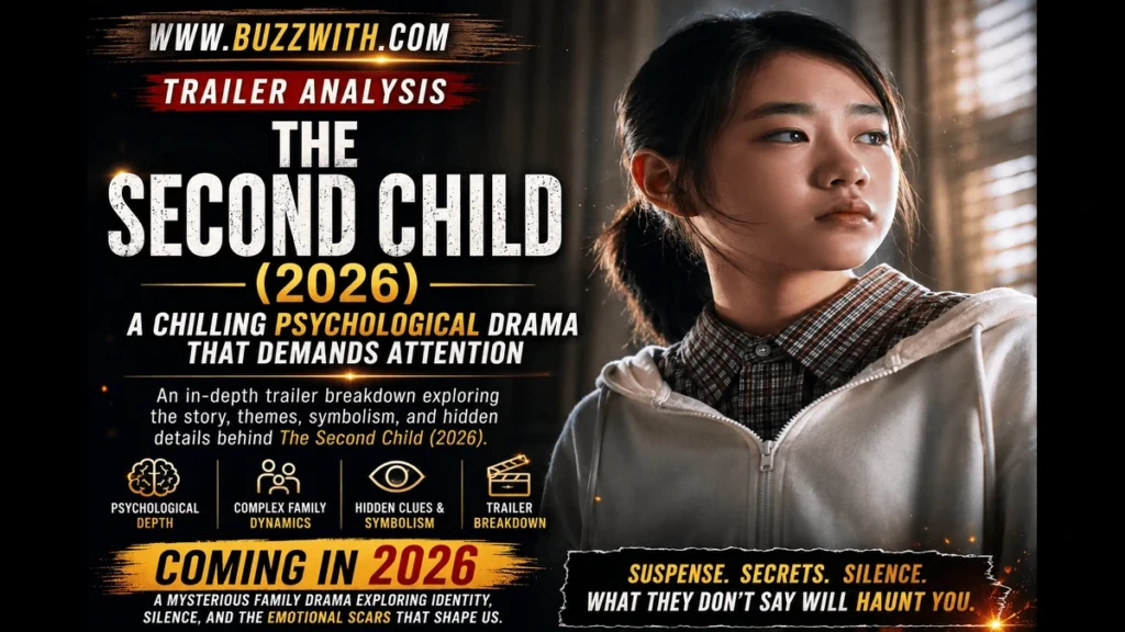 Young girl in The Second Child (2026) trailer reflecting the film's psychological family drama themes.