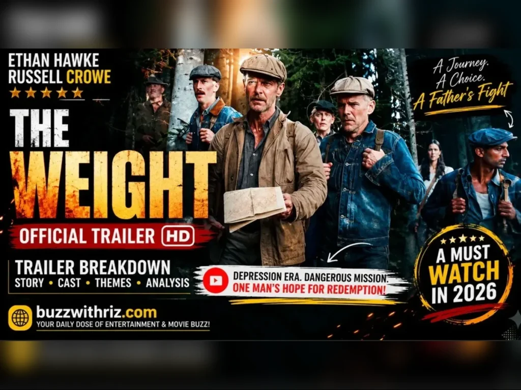 The Weight (2026) official trailer scene featuring prisoners crossing an Oregon forest during a dangerous gold-smuggling journey