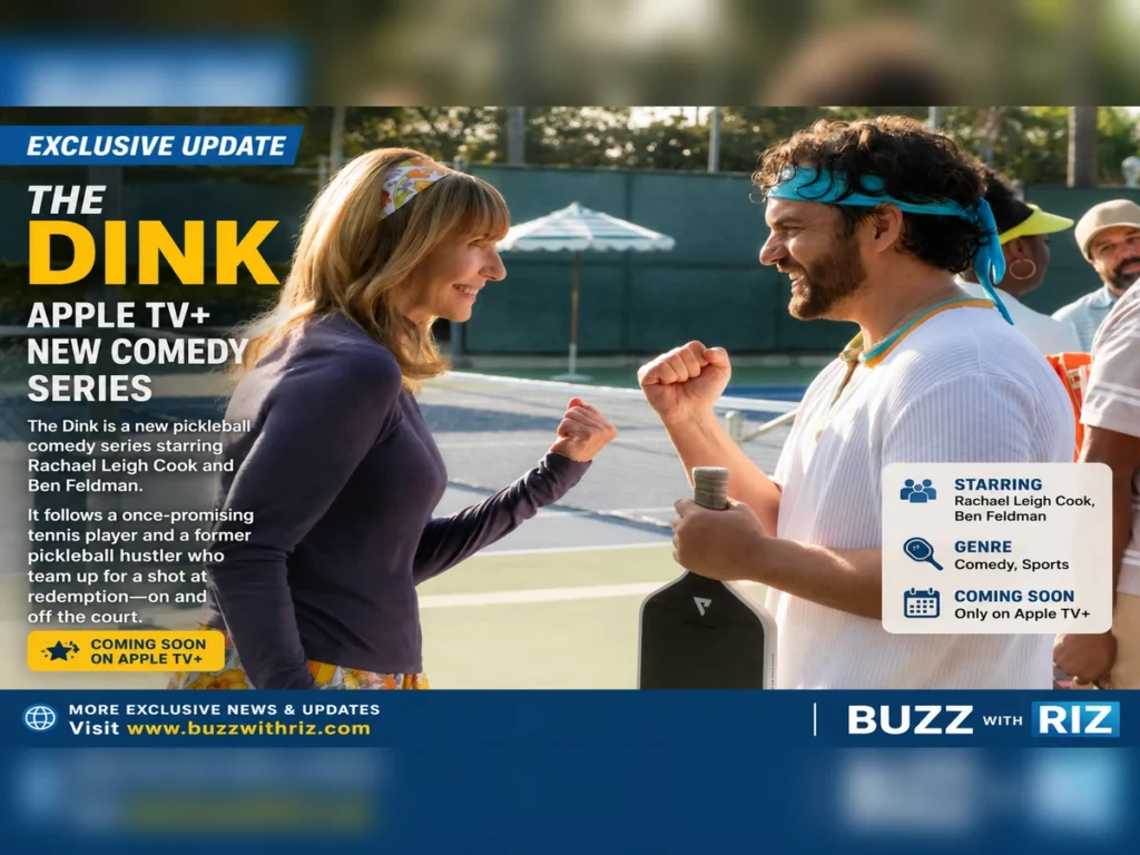 The Dink Apple TV+ trailer scene featuring two pickleball players smiling on a court.