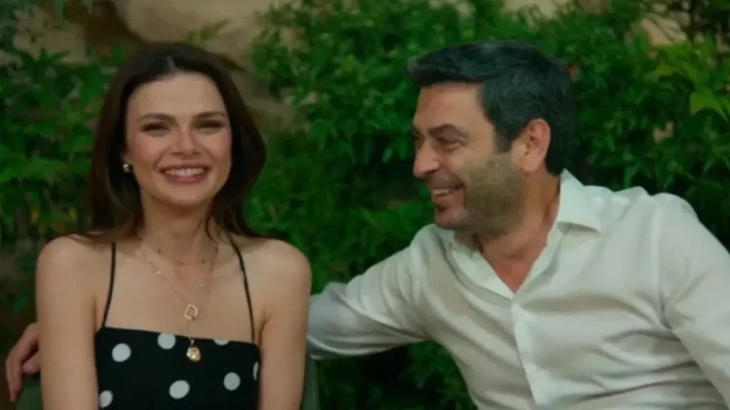 Cihan and Alya smiling together during the Uzak Şehir season finale wedding preparations.