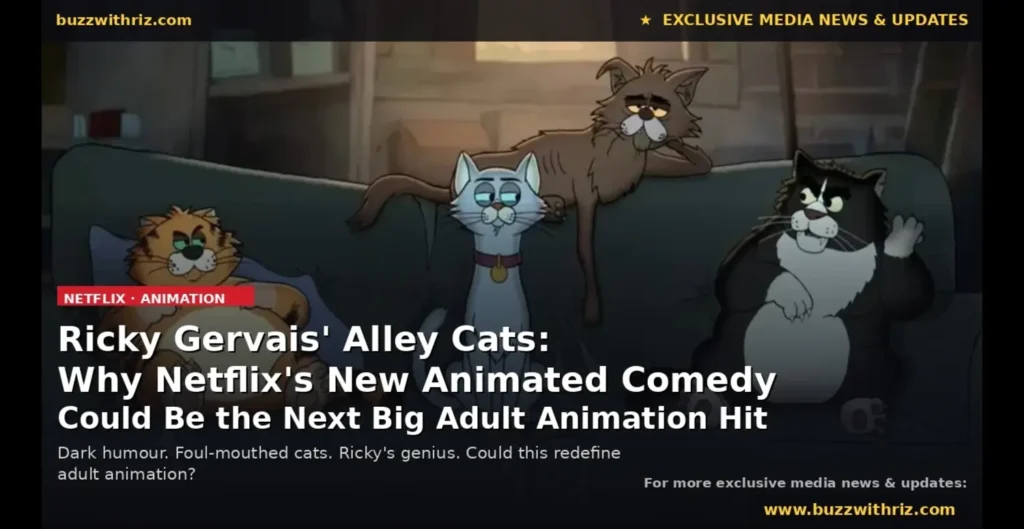 Ricky Gervais Alley Cats Netflix animated cats sitting on a couch in official trailer scene