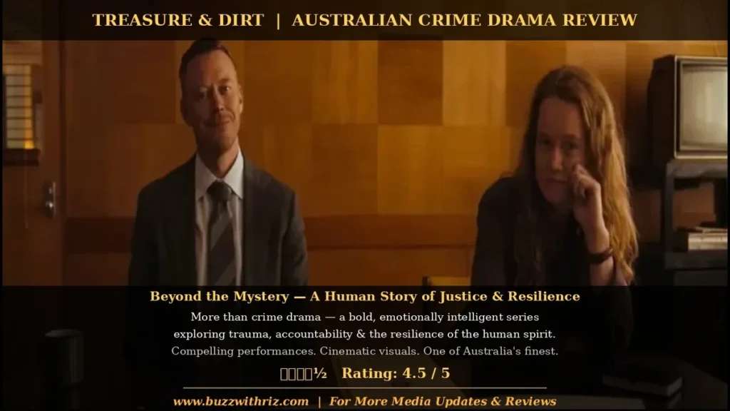 Scene from ABC iview's Treasure & Dirt featuring key characters during an intense investigative meeting.