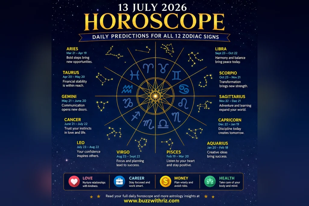 13 July 2026 Horoscope: Accurate Daily Predictions for All 12 Zodiac Signs | Love, Career, Money & Health 13 July 2026 Horoscope wheel featuring all 12 zodiac signs with daily astrology predictions for love, career, money, and health.