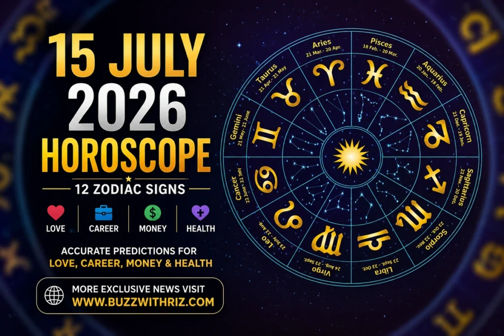 15 July 2026 Horoscope featuring daily zodiac predictions for all 12 zodiac signs covering love, career, money, health, lucky numbers, and lucky colors.