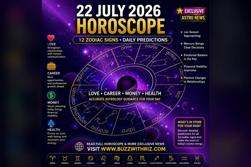 22 July 2026 horoscope featuring daily astrology predictions for all twelve zodiac signs covering love, career, money, and health.