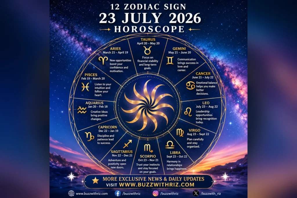 23 July 2026 Horoscope: Love, Career, Money & Health Predictions for All 12 Zodiac Signs 23 July 2026 horoscope featuring daily zodiac predictions for Aries, Taurus, Gemini, Cancer, Leo, Virgo, Libra, Scorpio, Sagittarius, Capricorn, Aquarius, and Pisces.