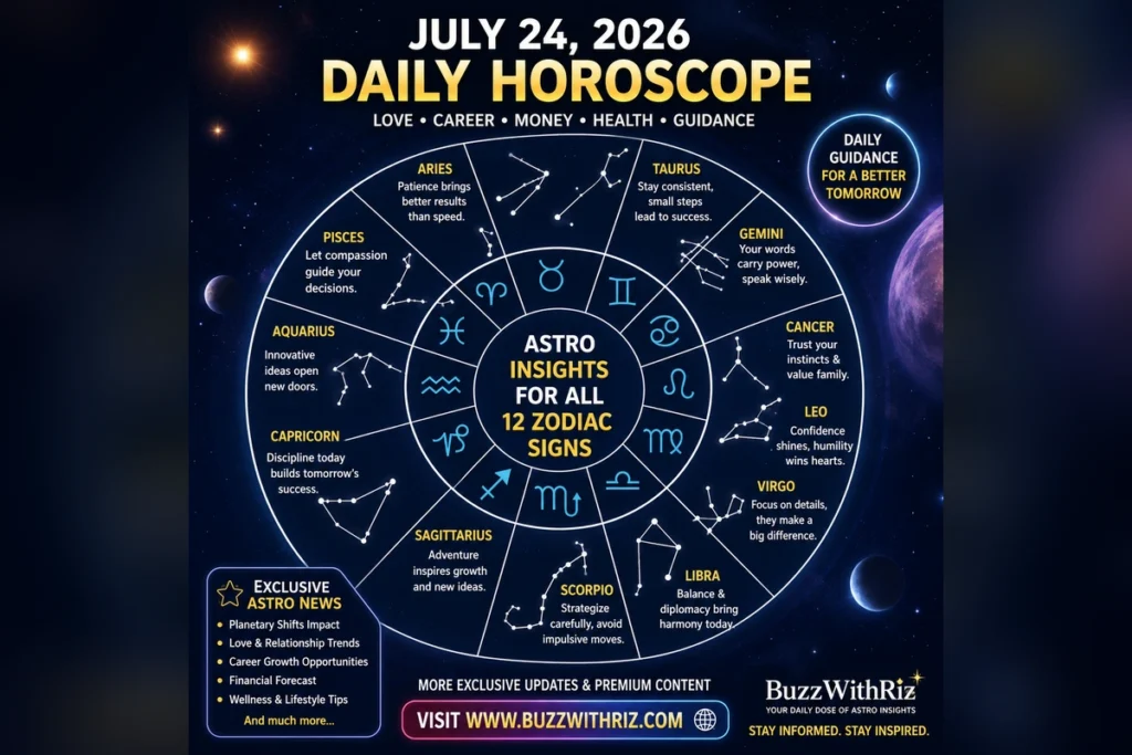 July 24, 2026 Horoscope: Expert Daily Astrology Predictions for All 12 Zodiac Signs July 24, 2026 horoscope featuring daily astrology predictions for all 12 zodiac signs with cosmic planetary background