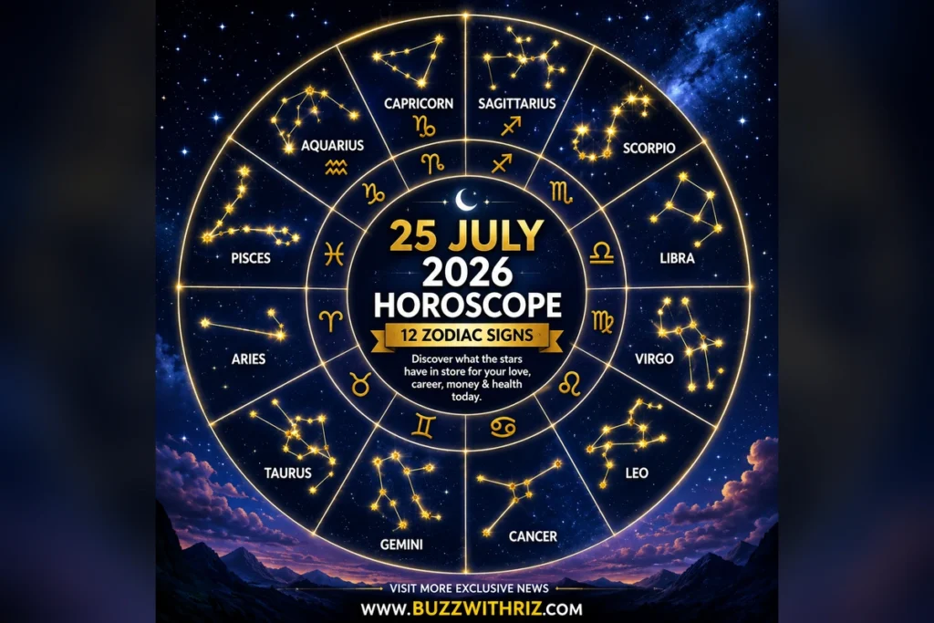 25 July 2026 Horoscope showing daily astrology predictions for all 12 zodiac signs including love, career, money, and health forecasts.