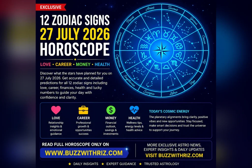 27 July 2026 Horoscope featuring daily zodiac predictions for Aries through Pisces with love, career, money, health, and lucky numbers.