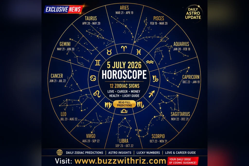 5 July 2026 horoscope featuring daily zodiac predictions for love, career, money, health, and astrology guidance.